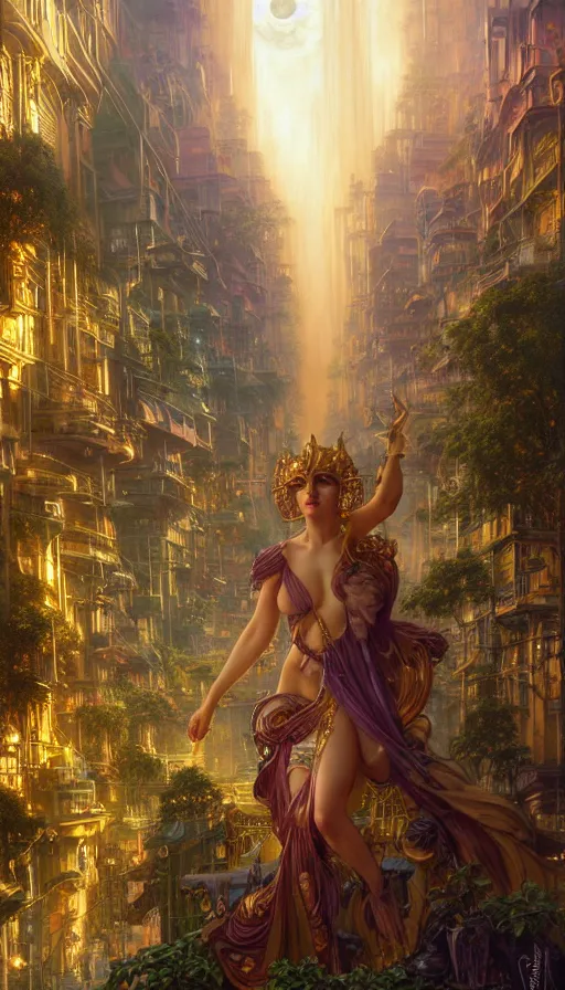 Image similar to golden goddess cutting a hyper realistic cyberpunk city in half with magic, crowded market street overtaken by lush plants, kittens, full moon, light rays, gnarly trees by tom bagshaw, mucha, gaston bussiere, craig mullins, j. c. leyendecker 8 k