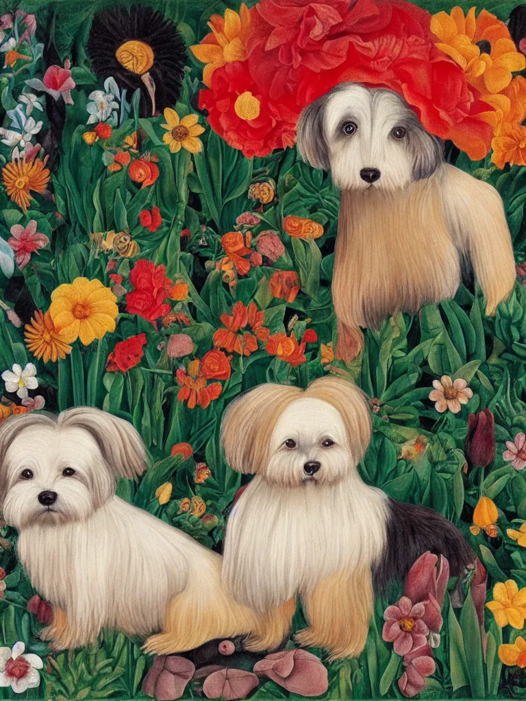 Image similar to a cream colored havanese dog as with a unibrow, surreal background, plants and flowers, naive art, by frida kahlo