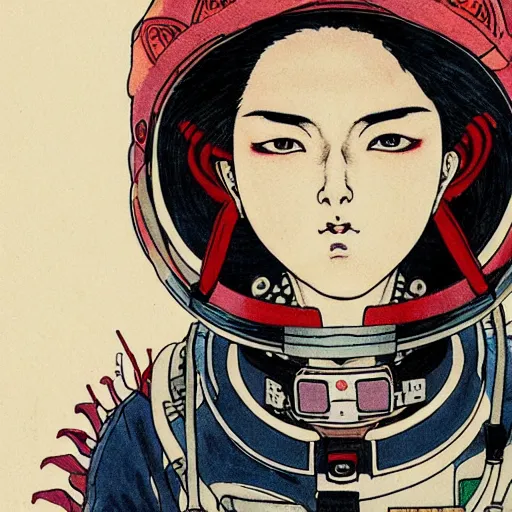 Image similar to portrait of female demon naraka astronaut painted in miyazaki color style drawn by katsuhiro otomo and takato yamamoto, high detail, intricate linework, sharp, smooth face, china doll face, high detail, manga and anime