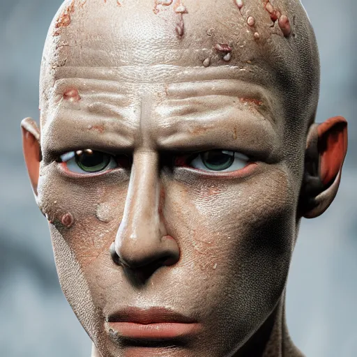Prompt: photo taken of an epic intricate, ultra detailed, super realistic gritty, wet, lifelike sculpture of saitama from one ounch man with patches of skin created by weta workshop, zoomed in shots, subsurface scattering, photorealistic, sharp focus, white wall coloured workshop, cold colour temperature, f 0. 4, face centred, golden ratio