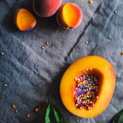 Prompt: beautiful photo of a fairy made of peaches, mangoes and sprinkles, dslr