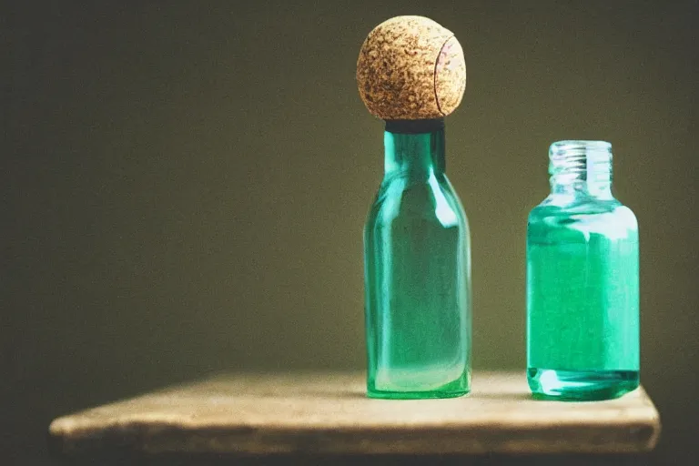 Image similar to small potion with a cork top filled with a green and turquoise gradient liquid, on a desk, old film photo