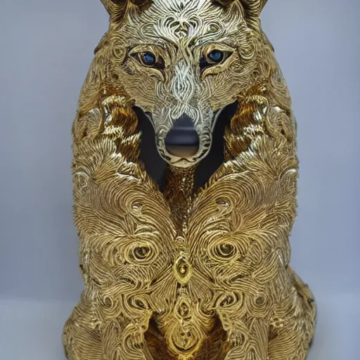 Prompt: gorgeous wolf statue with gold filigree