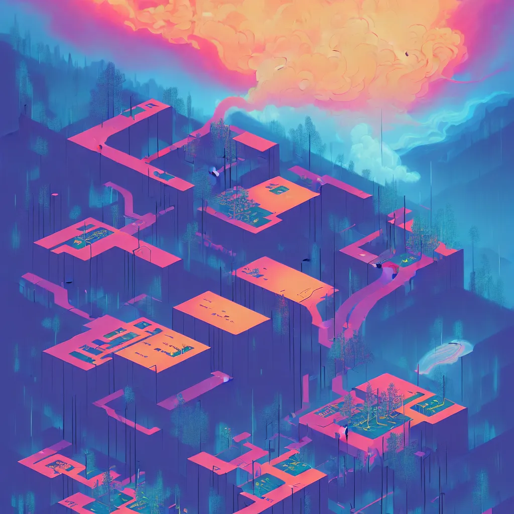 Prompt: illustration of a data-center architecture schema, connector, firewall, cloud, security, river, trees, thunderstorm, trending on Artstation, painting by Jules Julien, Leslie David and Lisa Frank and Peter Mohrbacher and Alena Aenami and Dave LaChapelle muted colors with minimalism