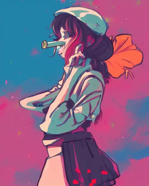 Image similar to girl with beret smoking a cigarette, colored manga panel, drawn by Anton Fadeev