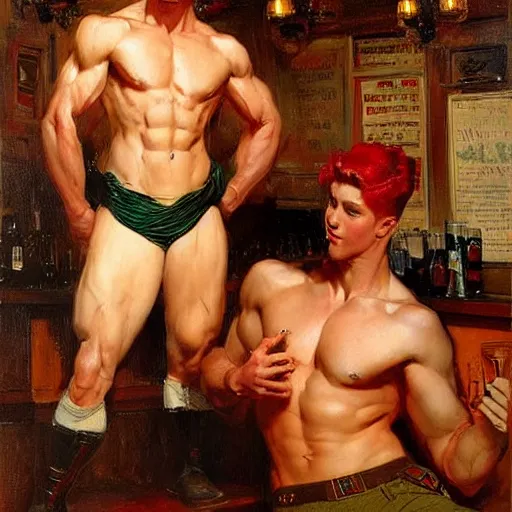 Image similar to attractive muscular male with red hair and muscular attractive male with black hair, drinking their hearts out, in a pub. very defined and highly detailed painting by j. c. leyendecker, gaston bussiere, craig mullins 8 k