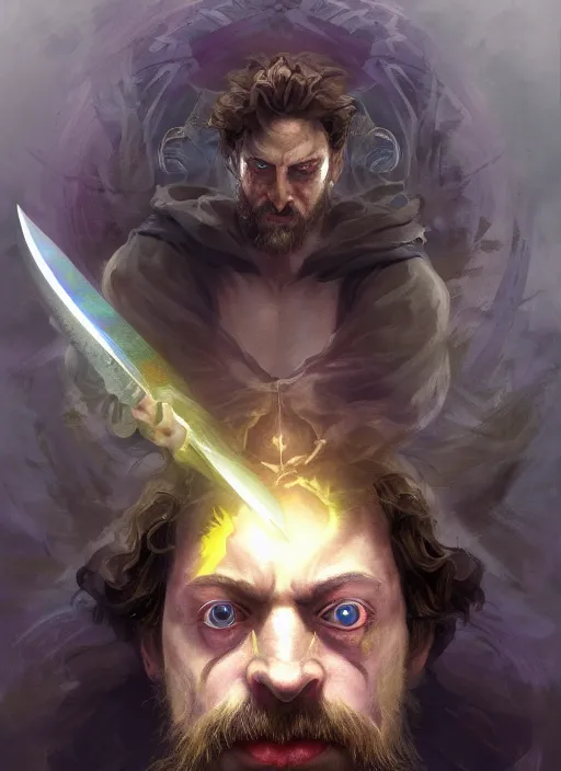 Prompt: close-up of character concept portrait of an Sam Hyde wizard conjuring a violent void multiversal spell, a floating iridescent blade sword of chaos from God of War in the center, intricate, elegant, digital painting, concept art, smooth, sharp focus, illustration, from Metal Gear, by Ruan Jia and Mandy Jurgens and William-Adolphe Bouguereau, Artgerm