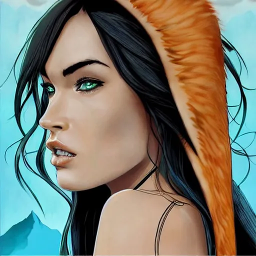 Image similar to “Megan Fox, portrait!!! Mononoke-hime style, cartoon, blue sky with white clouds green hills and mountains on the background, fantasy, photorealistic, concept Art, ultra detailed portrait, 4k resolution”
