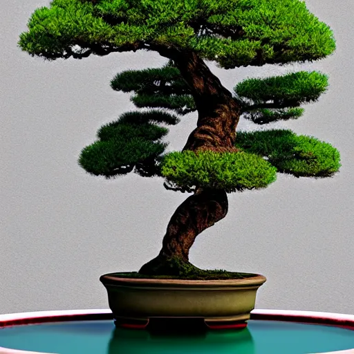 Prompt: a beautiful bonsai tree near a pond, red color scheme, rendered in octane
