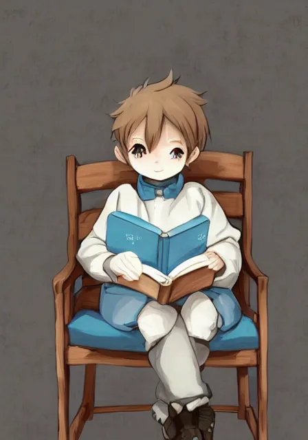 Image similar to beautiful little boy wearing sheep suit reading a book while sitting on chair, gray, blue, green and brown pallet color. made in abyss art style, inspired by kris from deltarrune, cute detailed artwork, anatomically correct, soft details, ilya kuvshinov, reflection, perfect composition, mobile wallpaper, illumination, helltaker