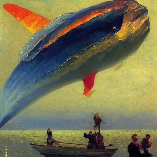 Prompt: huge zepplin in the shape of a fish, from below, brightly coloured oil on canvas, by ilya repin