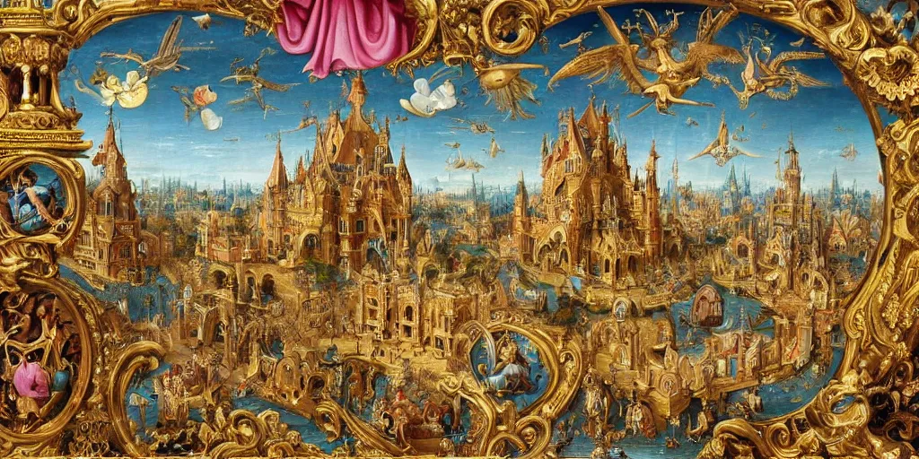 Prompt: beautiful!!! ornate heavenly!!! gold rococo megastructure in the style of heironymus bosch, colorful intricate masterpiece, hyper detailed, hd