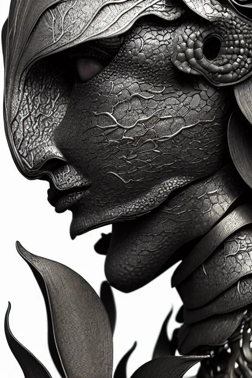 Image similar to bw close - up profile face, black background, beautiful young porcelain vegetal - dragon - cyborg - female, 1 5 0 mm, beautiful natural soft rim light, silver gold details, magnolia leaves and stems, roots, mandelbot fractal, elegant, ultra detailed, white metallic armour, octane render, h. r. giger style