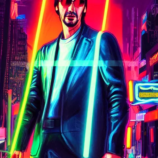 Prompt: portrait of Keanu Reeves on neon street in Cyberpunk city, synthwave, artstation art, night, professional light