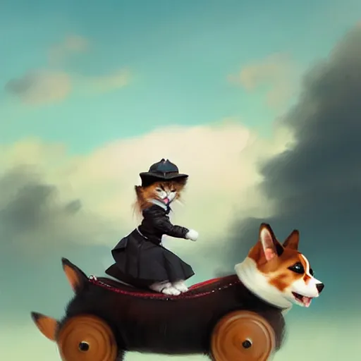 Prompt: tiny cat girl in little hat riding on the back of a giant corgi by greg rutkowski