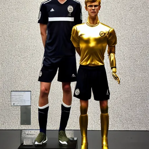 Image similar to a realistic detailed photo of a guy who is an attractive humanoid who is half robot and half humanoid, who is a male android, soccer players martin ødegaard & timo werner, shiny skin, posing like a statue, blank stare, in a museum, on display, showing off his muscles, gold soccer shorts, no jersey, statue, many copies of them