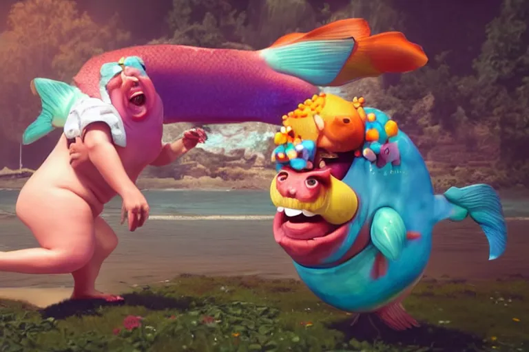 Image similar to of a very beautiful scene. ambient occlusion render. a sweet fat old woman is dancing with a huge colorful fish. hyper realistic. 4 k. wide angle. wild happiness. symmetrical face, red mouth, blue eyes. deep focus, lovely scene. ambient occlusion render. concept art. artstation. unreal engine.