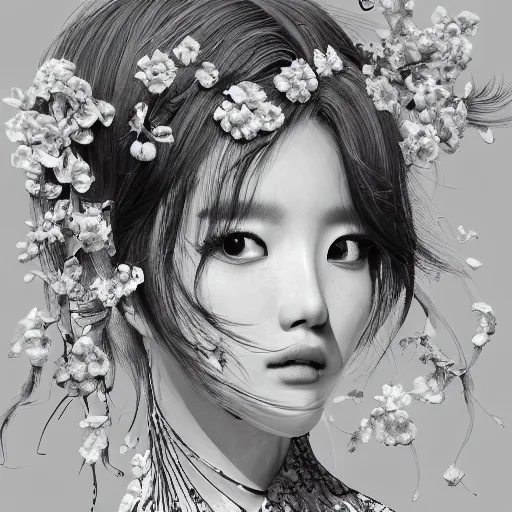 Image similar to the portrait of an absurdly beautiful, graceful, elegant, sophisticated, fashionable young kpop idol made of strawberries and white petals, an ultrafine hyperdetailed illustration by kim jung gi, irakli nadar, intricate linework, bright colors, octopath traveler, final fantasy, unreal engine 5 highly rendered, global illumination, radiant light, detailed and intricate environment