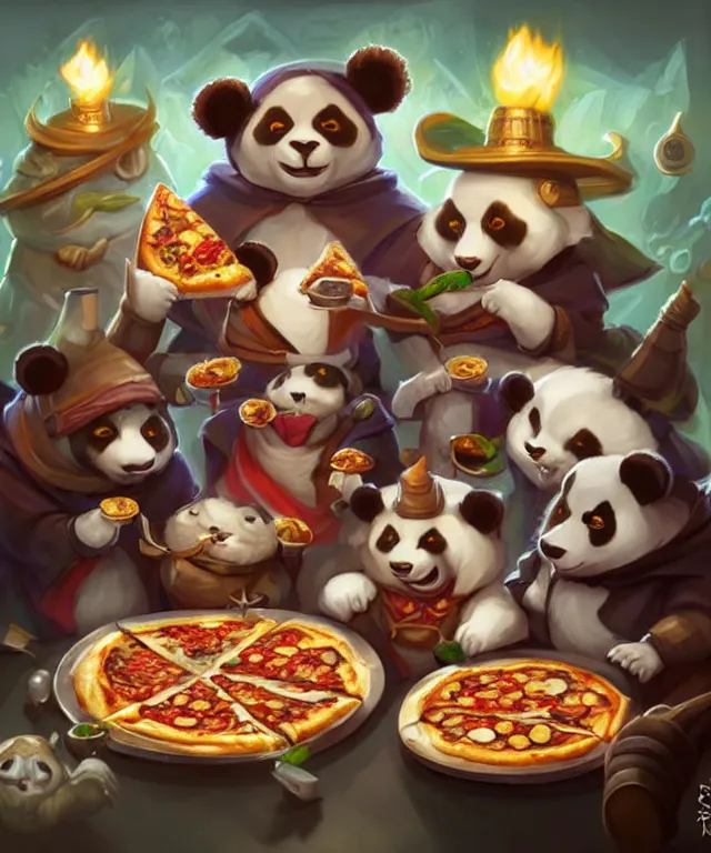 Image similar to a portrait of three anthropomorphic panda mages eating pizza and salad, wearing mage robes, restaurant in background, cute and adorable, dnd character art portrait, well rendered matte fantasy painting, deviantart artstation, by jason felix by steve argyle by tyler jacobson by peter mohrbacher, cinematic lighting