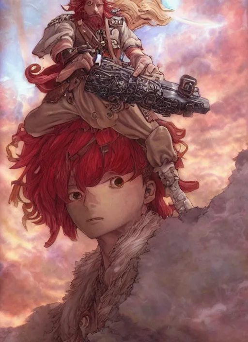 Image similar to prompt : ragnarok online portrait soft light painted by james jean and katsuhiro otomo and erik jones, inspired by akira anime, epic fantasy, a long red haired, red bearded male sky - pirate in front of an airship, intricate oil painting, high detail illustration, sharp high detail, manga and anime 1 9 9 9