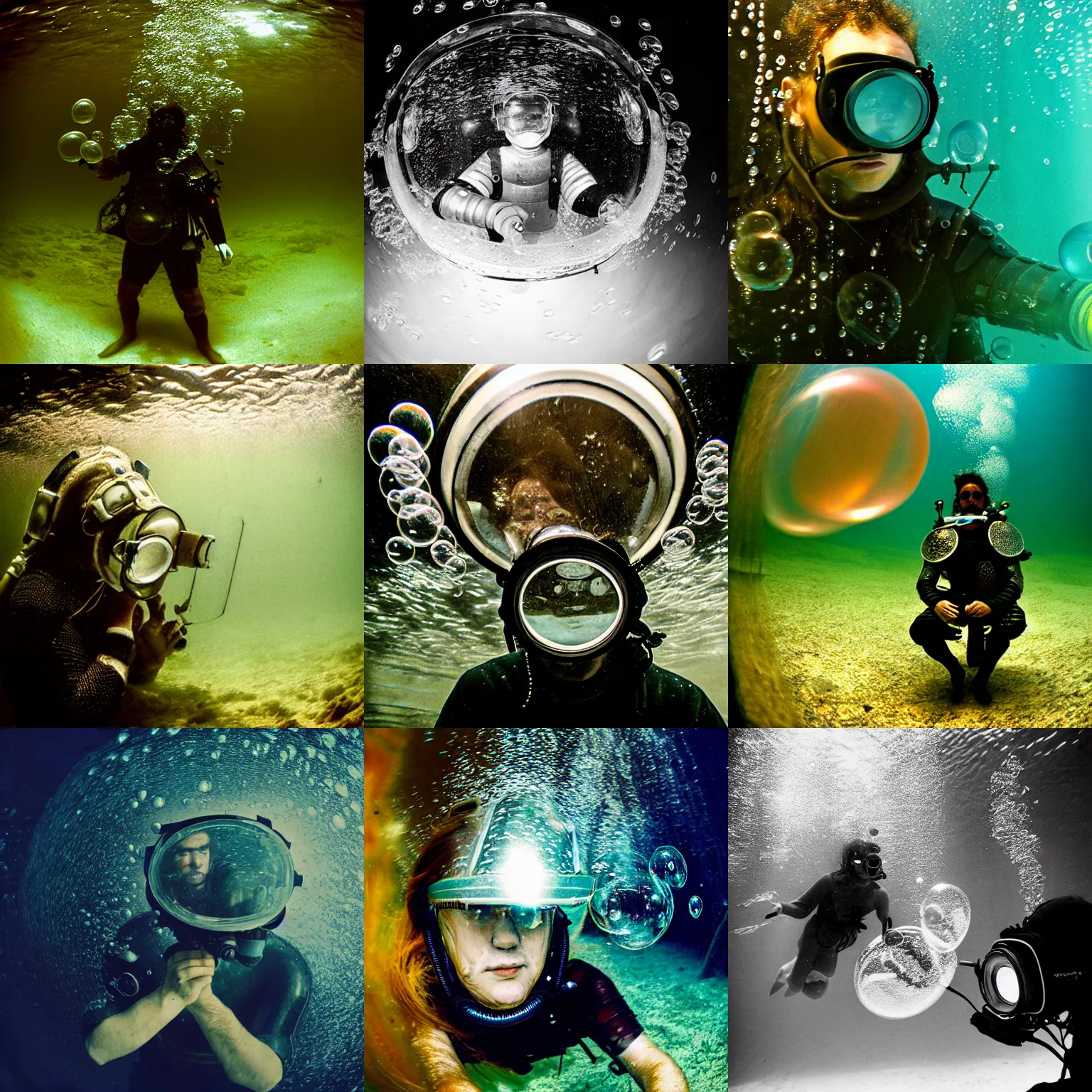 Prompt: Underwater photo of an artist in medieval armor by Trent Parke, staring at a camera through a visor, close up, huge bubbles, metallic patterns, clean, detailed