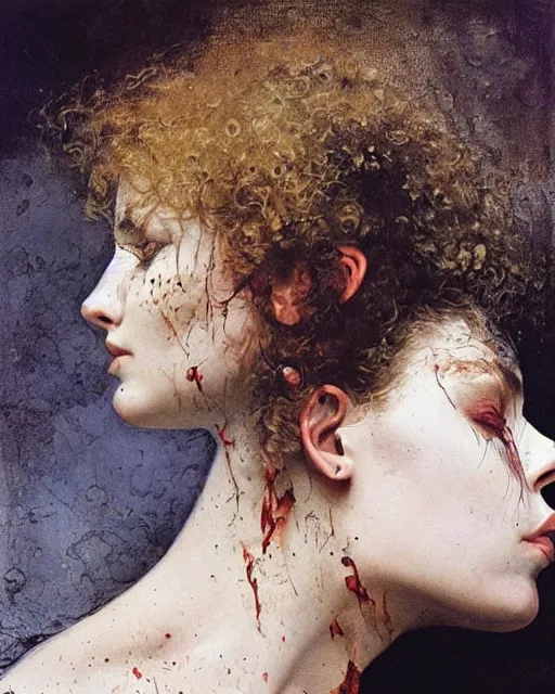 Image similar to a beautiful and eerie baroque painting of a gorgeous young woman bleeding in dead space. She has wild, curly hair, freckles and violence in her eyes photographed in the 1970s, by Alan Lee