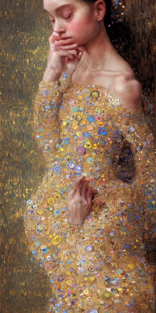 Image similar to an intricate portrait painting of an artistic pose young beautiful ballerina, klimt golden motives and textures, hyper - detailed, octane render, vivid colors, artstation, by jeremy mann, by gustav klimt