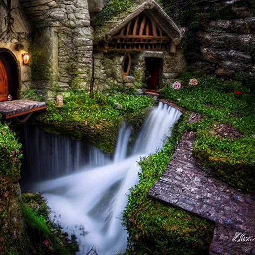 Prompt: inside a medieval hobbit home, ornate, beautiful, atmosphere, vibe, mist, smoke, chimney, rain, wet, pristine, puddles, waterfall, melting, snow, creek, lush, ice, bridge, forest, flowers, james jean
