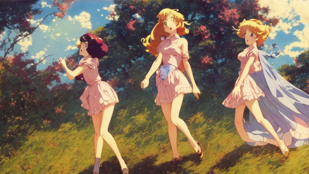 Prompt: a film still of a 1 9 5 0's anime girls going out from ufo, hdr, full body mid shot, perfect art, trending on pixiv fanbox, painted by gaston bussiere, makoto shinkai, akihiko yoshida, craig mullins