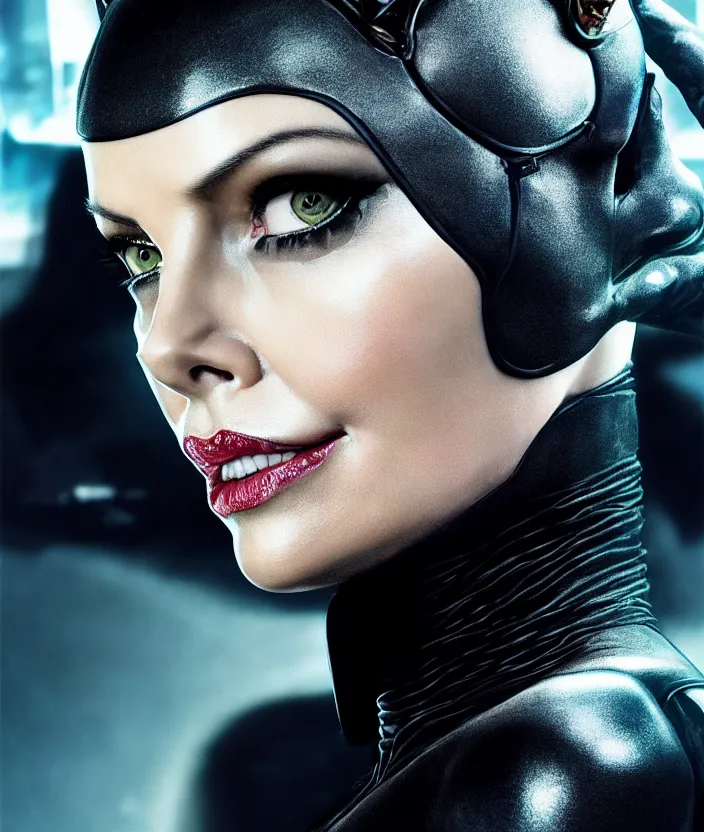 Image similar to portrait of charlize theron as catwoman. photograph. hd, 4 k. intricate artwork. by tooth wu, wlop, beeple, dan mumford. octane render, trending on artstation, greg rutkowski very coherent symmetrical artwork. cinematic, hyper realism, high detail, octane render, 8 k, iridescent accents.