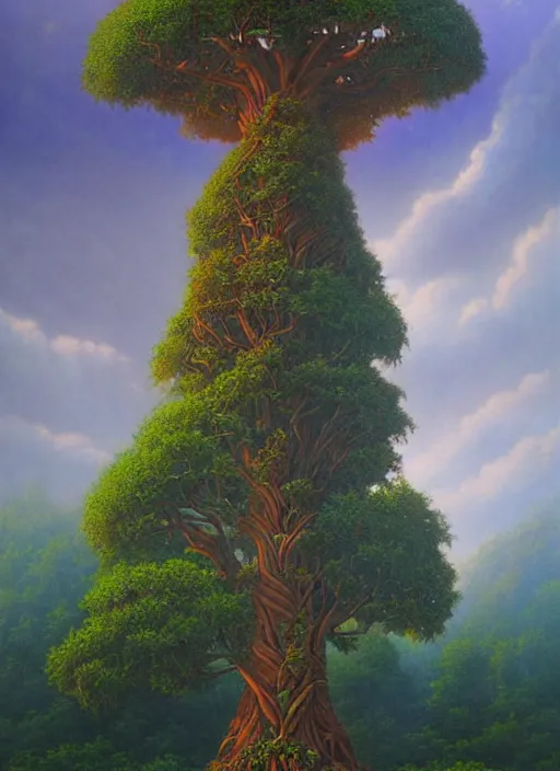 Prompt: ayahuma tree looking like an ent with brown round fruits, god rays at the top, art by christophe vacher