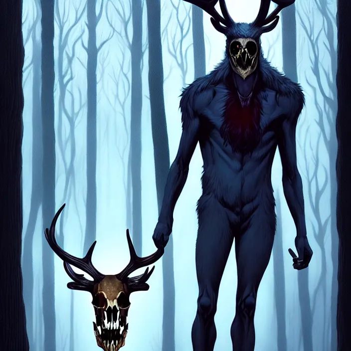 Image similar to rafeal albuquerque comic art, joshua middleton, tim jacobus, artgerm : : wendigo monster with deer skull face, antlers, furry body, tall and lanky : : walking through the forest : : night time : : spooky, scary, fog