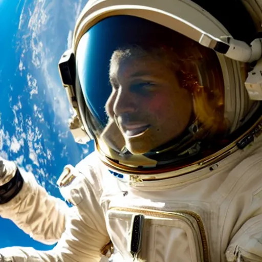 Image similar to a close up photo of an astronaut floating in space. you can see the reflection of the photographer in his helmet.