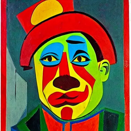 Prompt: communist clown in soviet propaganda style, picasso style painting, detailed portrait, vivid colors, dominating red color