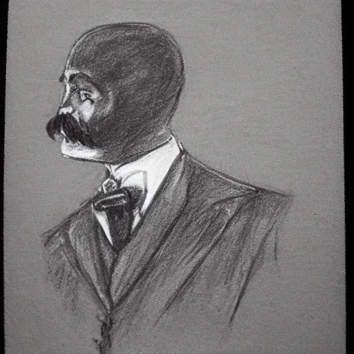 Image similar to charcoal sketch of an early 20th century occult detective from the german empire, mustache, bow tie