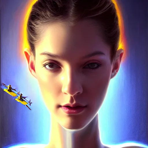 Image similar to portrait of the beautiful young robotic pilot of jets, surreal, fantasy, intricate, mechanical, elegant, dramatic lighting, emotionally evoking symbolic metaphor, highly detailed, gears, lifelike, photorealistic, digital painting, painterly, artstation, concept art, smooth, head in focus, sharp focus, background aerial battle, illustration, art by John Collier and Krenz Cushart and Artem Demura and Alphonse Mucha and Albert Aublet,