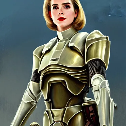 Image similar to A combination of Grace Kelly's and Emma Watson's and Ashley Greene's appearances with blonde hair wearing Master Chief's armor, full body portrait, western, D&D, fantasy, intricate, elegant, highly detailed, digital painting, artstation, concept art, matte, sharp focus, illustration, art by Donato Giancola and James Gurney