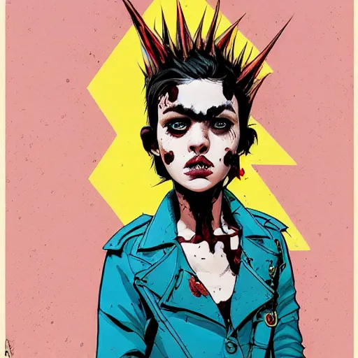 Image similar to Highly detailed portrait of a punk zombie cuban young lady with freckles and short spikey punk hair by Atey Ghailan, by Loish, by Bryan Lee O'Malley, by Cliff Chiang, was inspired by image comics, inspired by scott pilgrim, inspired by graphic novel cover art !!!electric blue, brown, black, yellow and white color scheme ((grafitti tag brick wall background))