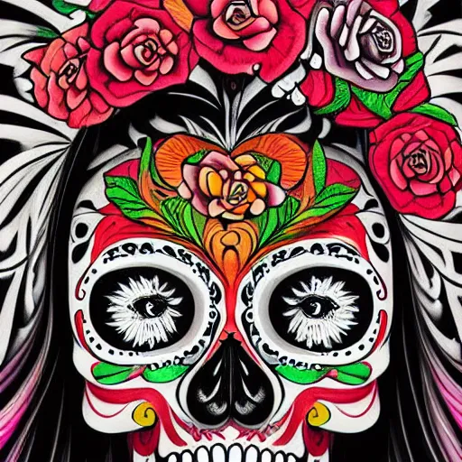 Image similar to A highly stylized digital HD painting of the face of a tattooed Day of the Dead skull smiling head and shoulders three-quarters view, with flowers, intricate patterns on face, on a poster promoting AI art