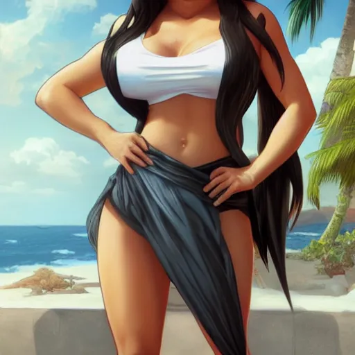 Prompt: khloe kardashian as tifa lockhart wearing a white beach towel wrapped around her body, realistic shaded, pleasant face, fine details, medium shot, portrait, realistic shaded lighting poster by greg rutkowski, artgerm, kyoto animation and alphonse mucha