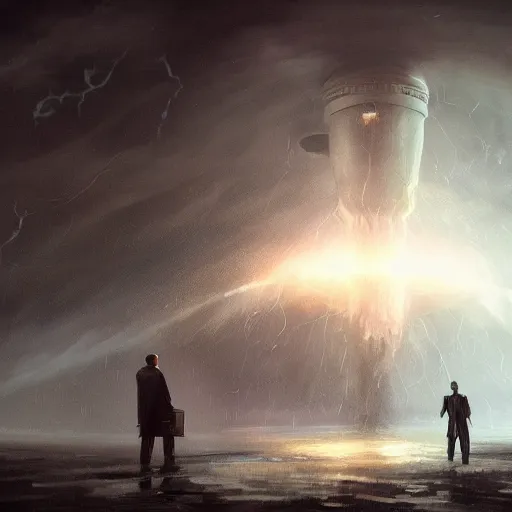 Prompt: a beautiful illustration of nikola tesla being taken away by grey aliens, dark night, raining by greg rutkowski, digital artwork, artstation, cgartists, conceptartworld, deviantart, magic the gathering artstyle