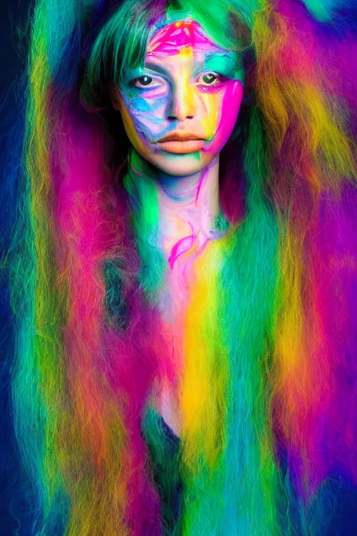 Prompt: an esoteric woman, blending into chromatography with a beautiful face!!! isolated, studio lighting