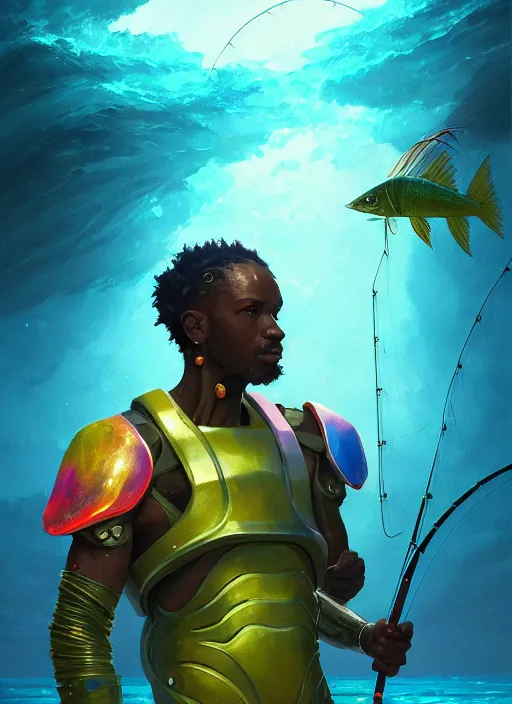 Prompt: portrait of a male jamaican fisherman sci - fi glowing fishing armor and fishing weapon cyberpunk muscular intricate elegant highly detailed digital painting artstation concept art, ocean background, jamaican colors, cinematic, greg rutkowski, loish, rhads, ferdinand knab, makoto shinkai and lois van baarle, ilya kuvshinov, rossdraws, tom bagshaw