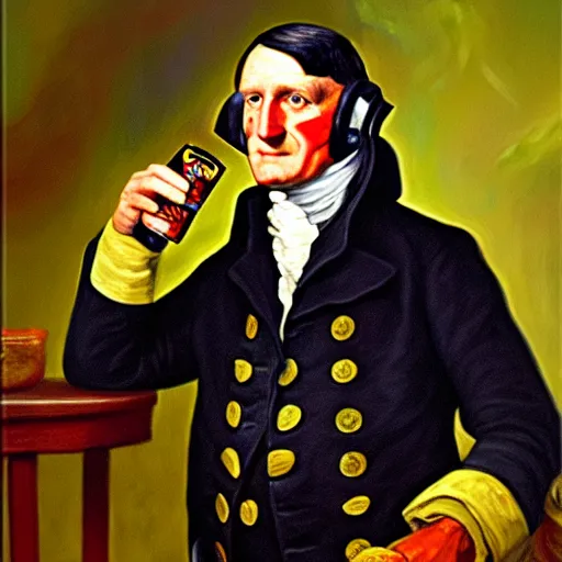 Image similar to george washinton playing call of duty and drinking mountain dew while screaming, oil painting