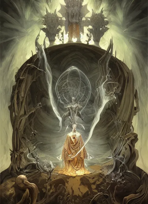 Image similar to album art priest casting divine quest spell, physically accurate, moody dynamic lighting, very very intricate, very very elegant, highly detailed, digital painting, artstation, HR GIGER, Hieronymus Bosch, Francis Bacon, concept art, smooth, very beautiful, sharp focus, illustration, art by artgerm and greg rutkowski and alphonse mucha