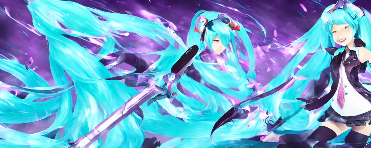 Image similar to Hatsune Miku splash art as a League of Legends character, Riot Games, digital art