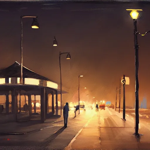 Image similar to dark city bus stop, painting by Simon Ståhlberg,ArtStation