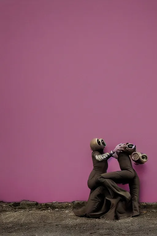 Image similar to a surreal portrait of intertwined and contorted figures wearing gas mask next to a pink wall in the style of brooke didonato, editorial fashion photography from vogue magazine, full shot, nikon d 8 1 0, ƒ / 2. 5, focal length : 8 5. 0 mm, exposure time : 1 / 8 0 0, iso : 2 0 0