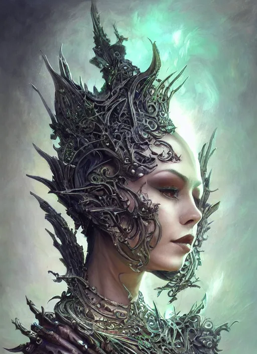 Prompt: full portrait of witchqueen, green metal shiny skin. intricate, elegant, highly detailed, centered, digital painting, artstation, concept art, smooth, sharp focus, illustration, artgerm, tomasz alen kopera, peter mohrbacher, donato giancola, joseph christian leyendecker, wlop, frank frazetta