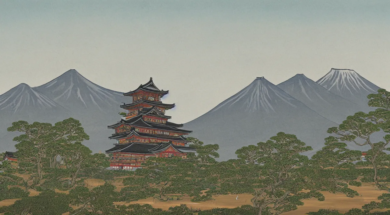 Image similar to a painting of a Japanese castle, with a garden as foreground, with mountains as background